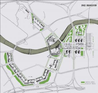 The Ninth Version of the city centre. Credits: Report on Detailed Urban Design Project in Skopje City Centre. Kenzo Tange Team and Institute for Town Planning and Architecture Skopje.